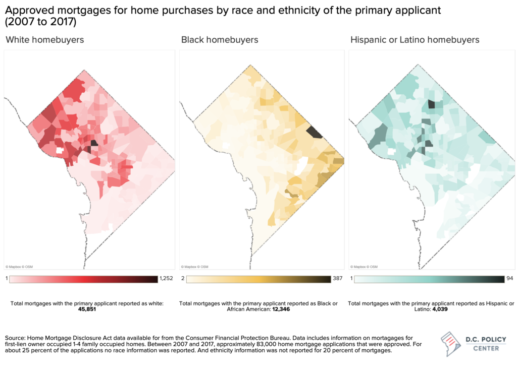 A map showing approved mortgages in DC by race from 2007 to 2017. It shows white homeowners clustered in the northwest, Black homeowners in the southeast, and Hispanic homeowners in central D.C. 